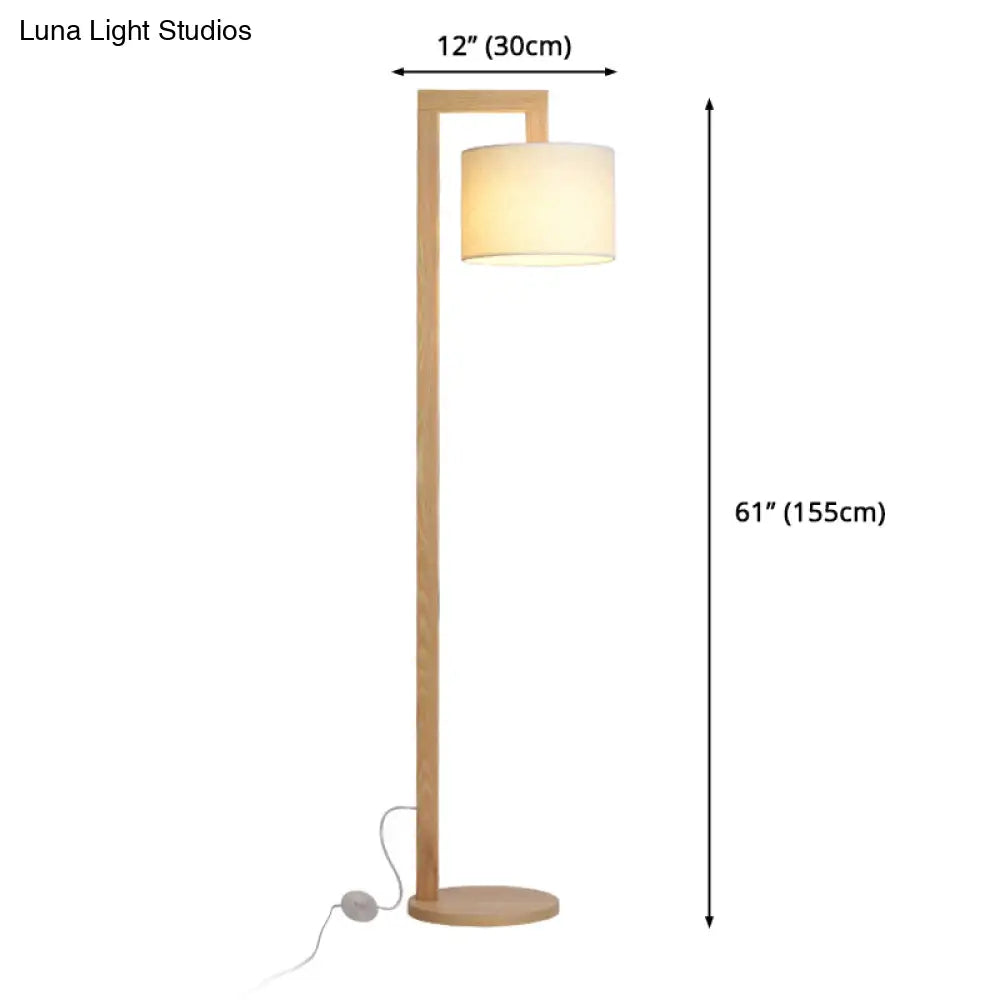 Wooden Right Angle Arm Floor Lamp - Asian Style Single Head Beige Standing With Fabric Shade