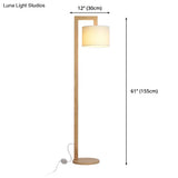 Wooden Right Angle Arm Floor Lamp - Asian Style Single Head Beige Standing With Fabric Shade