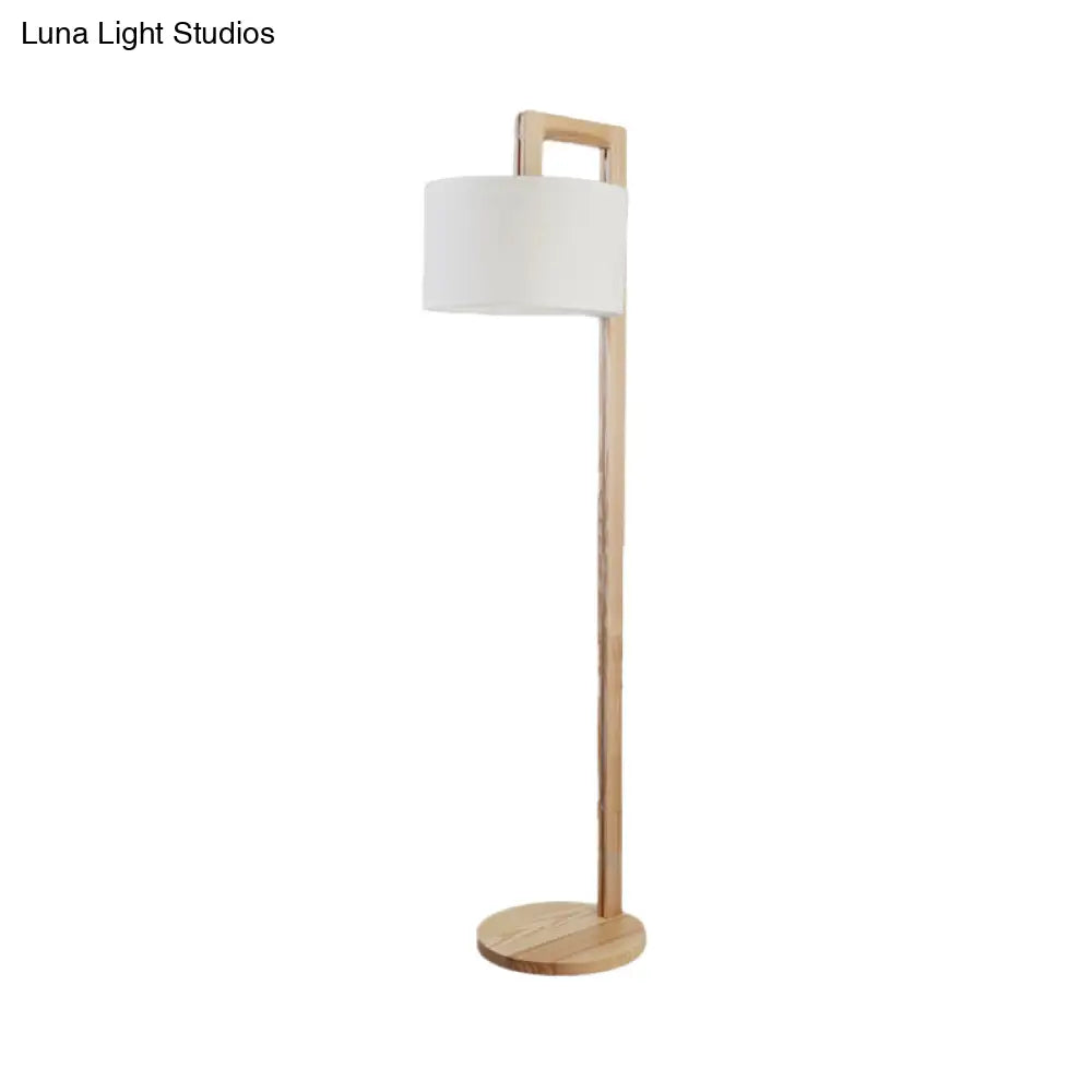 Wooden Right Angle Arm Floor Lamp - Asian Style Single Head Beige Standing With Fabric Shade