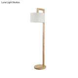 Wooden Right Angle Arm Floor Lamp - Asian Style Single Head Beige Standing With Fabric Shade