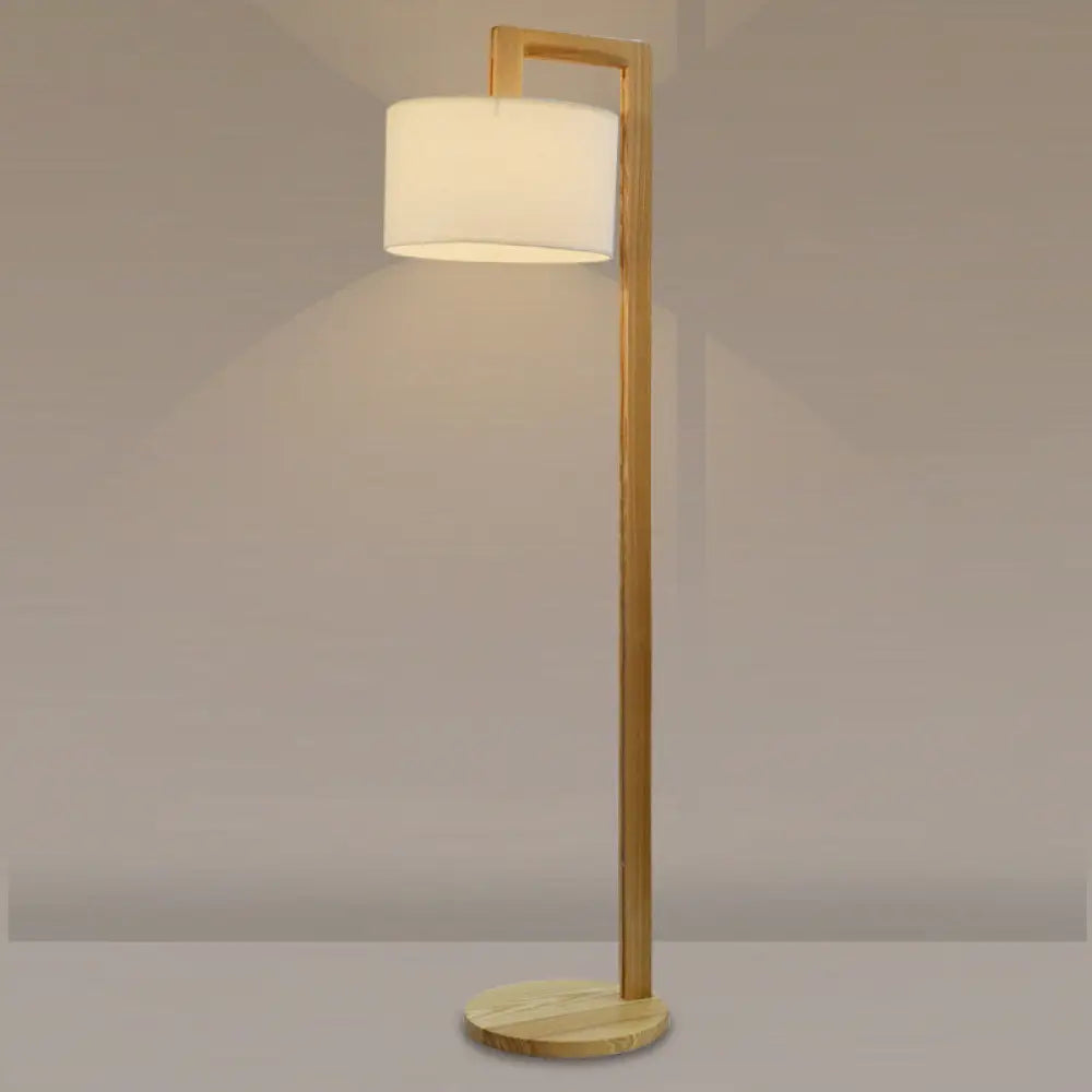 Wooden Right Angle Arm Floor Lamp - Asian Style Single Head Beige Standing With Fabric Shade Wood