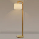 Wooden Right Angle Arm Floor Lamp - Asian Style Single Head Beige Standing With Fabric Shade Wood