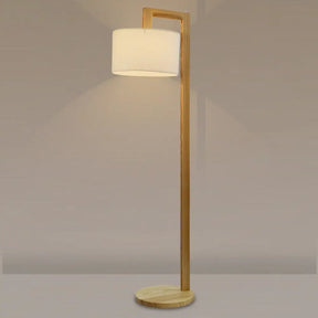 Wooden Right Angle Arm Floor Lamp - Asian Style Single Head Beige Standing With Fabric Shade Wood