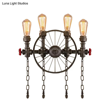 Wrought Iron Bistro Wall Light With Decorative Wheel And Chain In Silver/Bronze - 2/4-Light Loft