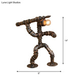 Wrought Iron Vintage Standing Lamp In Bronze With Pipe Man And Bare Bulb - Table Lighting