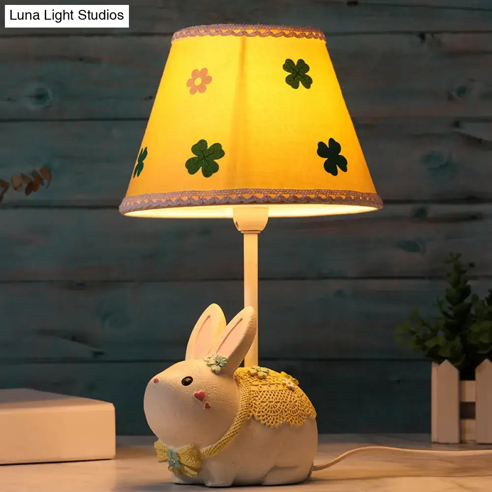 Yellow Conical Study Lamp: Cartoon Table Light With Clover Pattern & Rabbit Base