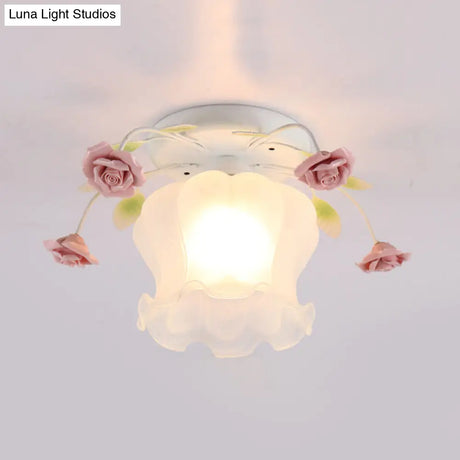 Yellow-Pink/White-Pink Flowerbud Cream Matte Glass Semi Flush Mount Ceiling Light For Corridors