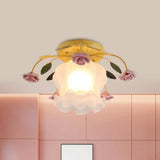 Yellow-Pink/White-Pink Flowerbud Cream Matte Glass Semi Flush Mount Ceiling Light For Corridors