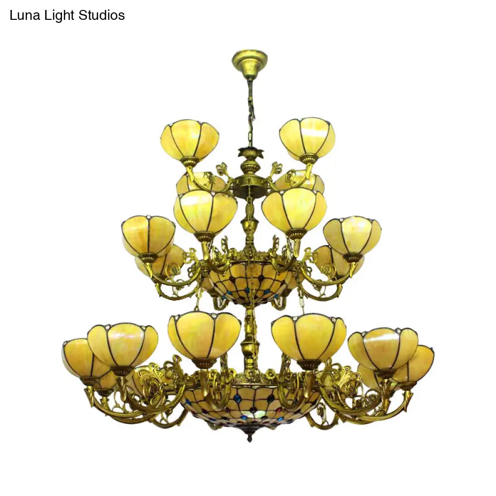 Yellow Tiffany Antique Hanging Light With Glass Dome Shade - Ideal For Villa Or Hotel Chandelier