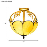 Yellow Tiffany Cut Glass Blossom Ceiling Semi Flush Light Fixture With 2 Lights For Corridor