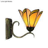 Yellow Tiffany Stained Glass Wall Lamp With Conical Design - Antique Bronze Finish